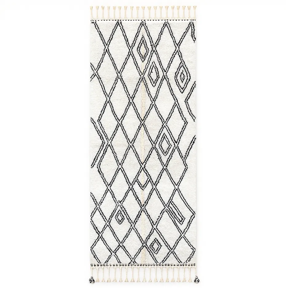 Tapis de couloir berbère Sifaw blanc et noir à losanges — tapis berbères contemporains tissé à la main