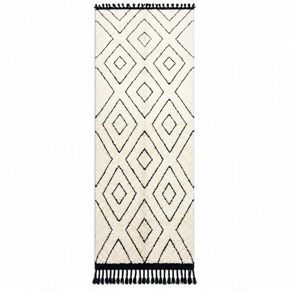 Tapis de couloir berbère Siman noir et blanc à losanges — tapis berbères contemporains tissé à la main