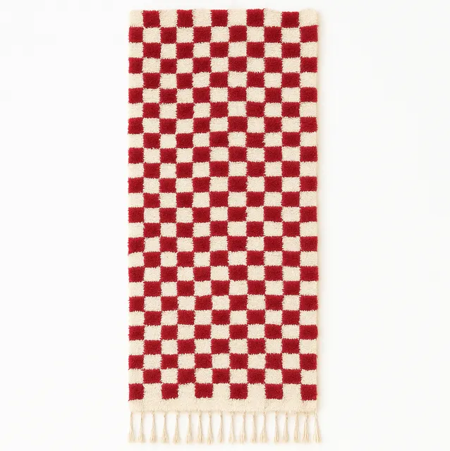 Tapis de couloir berbère Thiya rouge et blanc à damier — tapis berbères contemporains