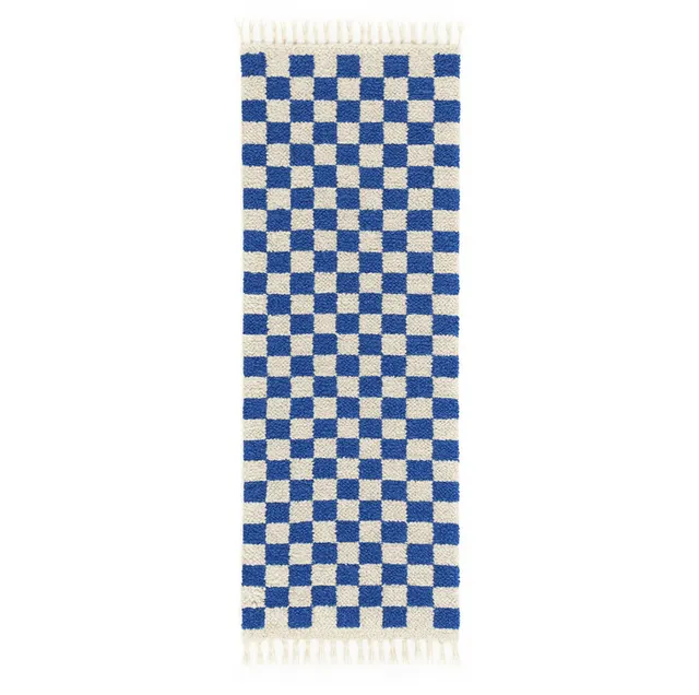 Tapis de couloir berbère Tidirhine bleu à damier — tapis berbères contemporains