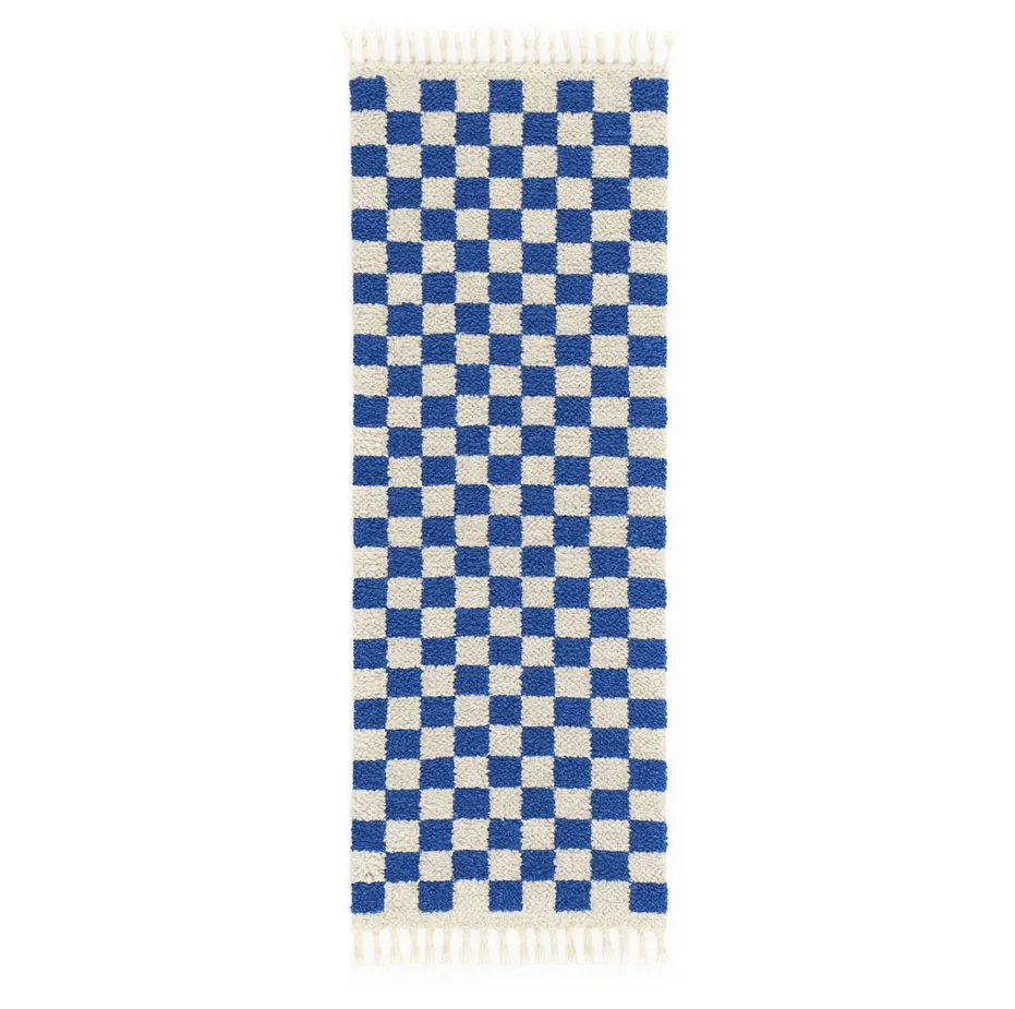 Tapis de couloir berbère Tidirhine bleu à damier — tapis berbères contemporains tissé à la main