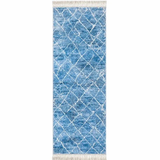 Tapis de couloir berbère Tilila bleu aux motifs géométriques — tapis berbères contemporains
