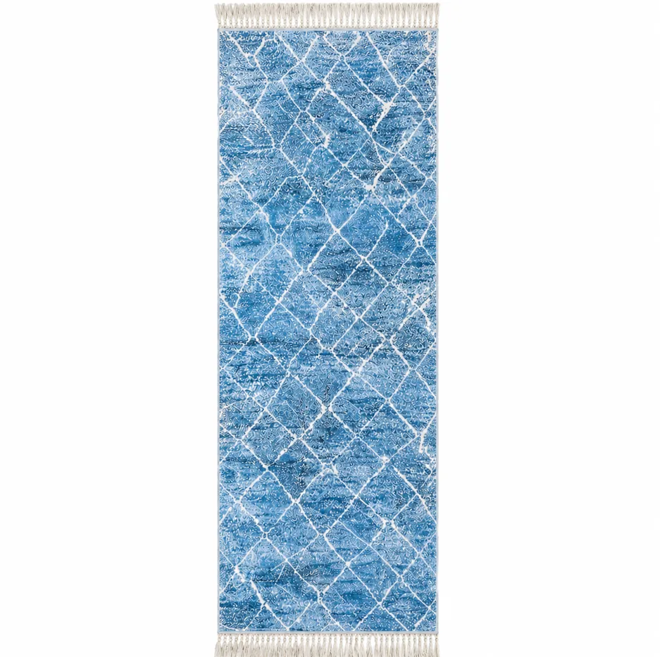 Tapis de couloir berbère Tilila bleu aux motifs géométriques — tapis berbères contemporains tissé à la main