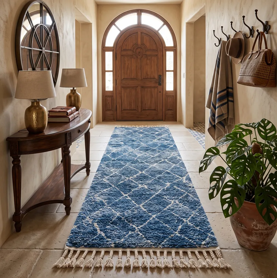 Tapis de couloir berbère Tilila bleu aux motifs géométriques, vue 4 sur 4