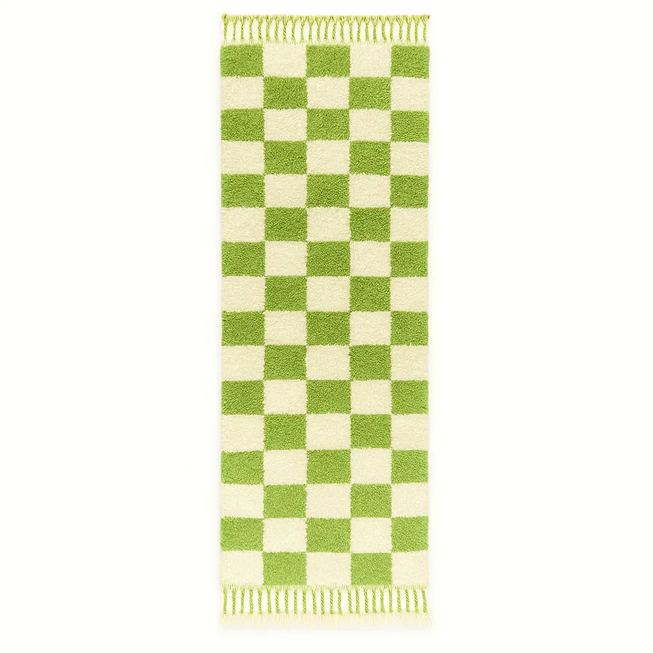 Tapis de couloir berbère Tislit vert à damier — tapis berbères contemporains tissé à la main