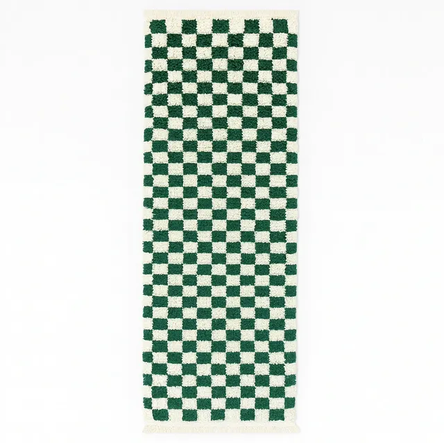 Tapis de couloir berbère Zegga vert et blanc à damier — tapis berbères contemporains