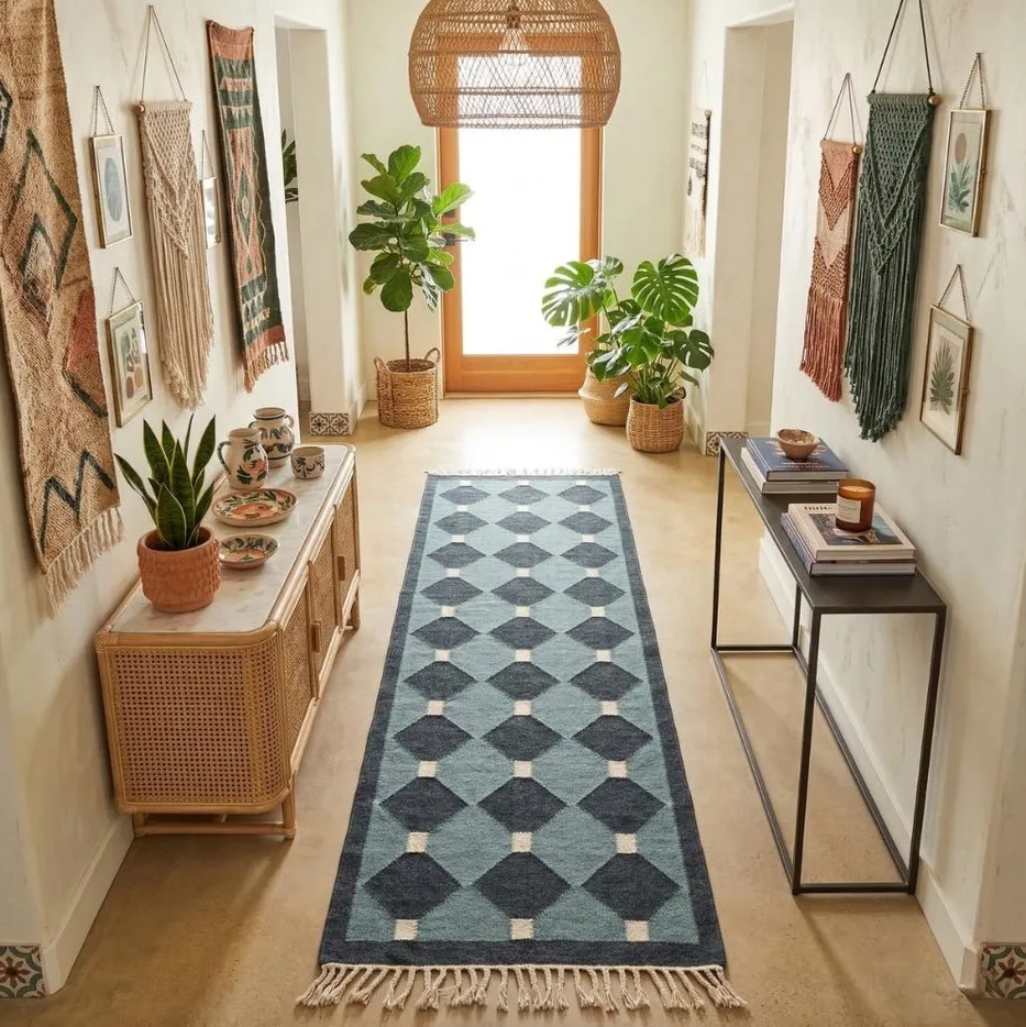 Tapis de couloir kilim Agdz bleu, vue 6 sur 7