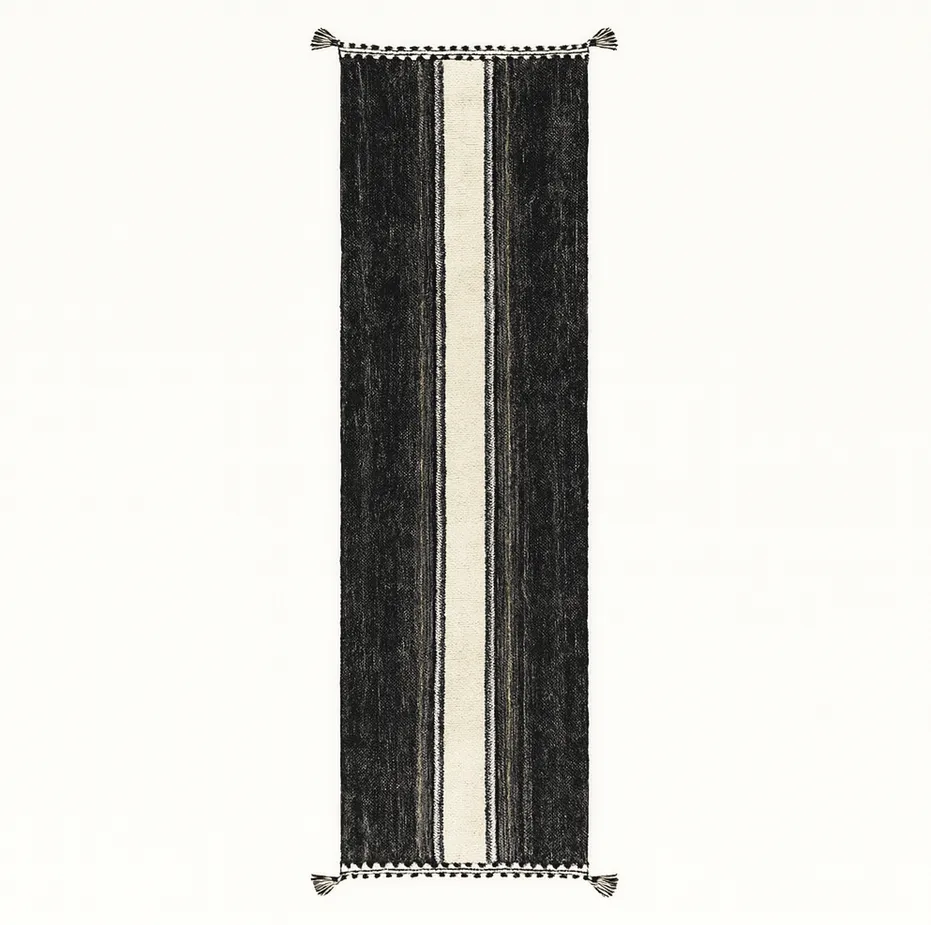 Tapis de couloir kilim Gaya noir et blanc uni — tapis kilim tissé à la main