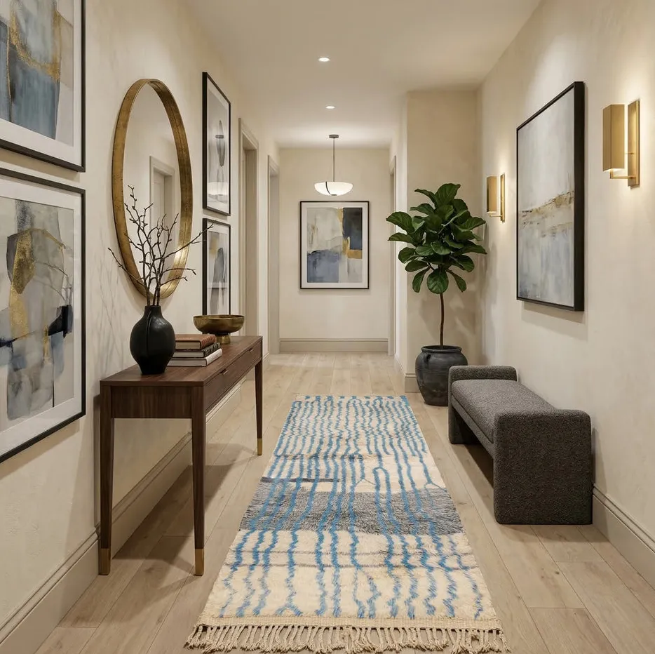 Tapis de couloir Mrirt Bzou bleu et gris à rayures, vue 3 sur 7