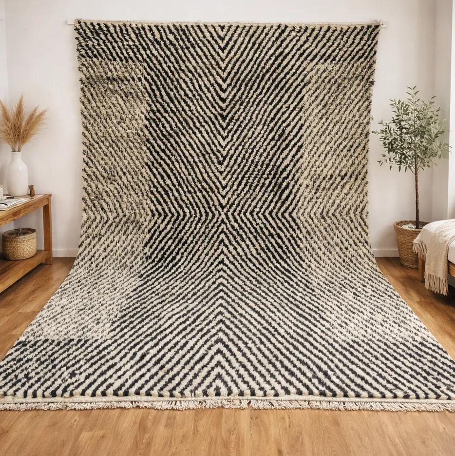 Tapis Mrirt Abid noir et blanc à lignes — tapis mrirt tissé à la main