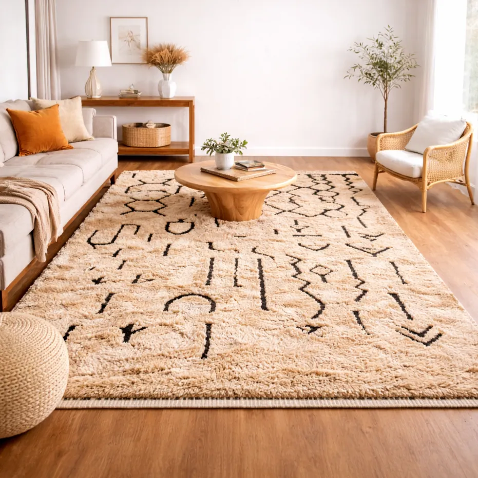 Tapis Mrirt Aït-Bouguemez beige et noir aux motifs berbères, vue 3 sur 3