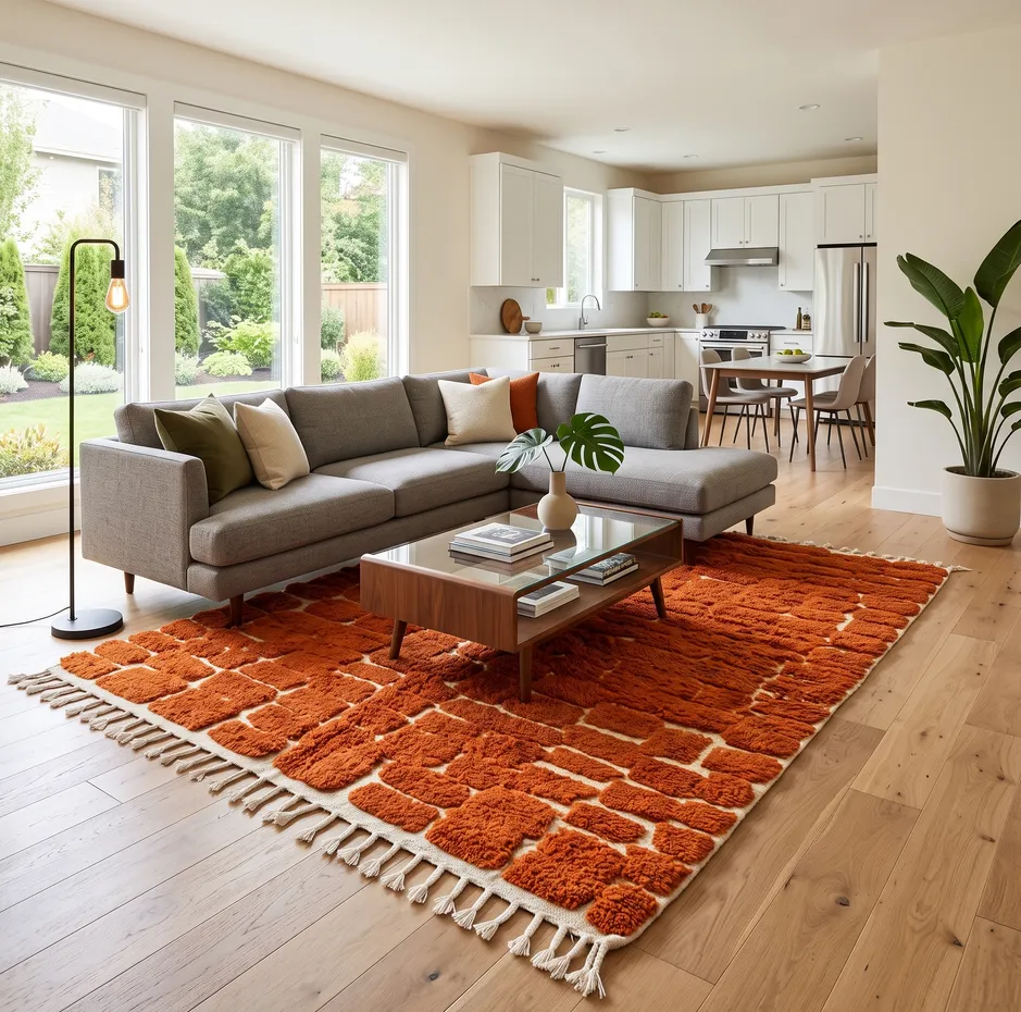 Tapis Mrirt Guercif orange à damier, vue 3 sur 4
