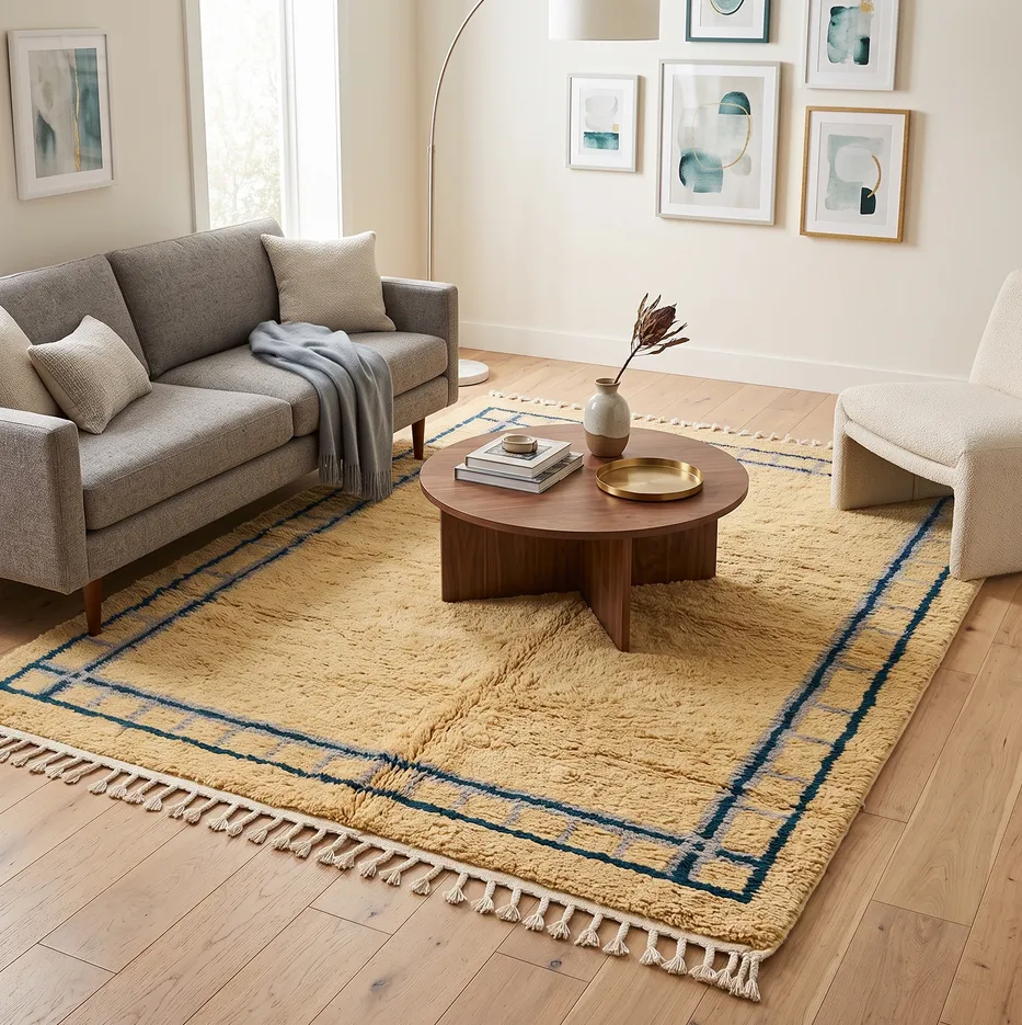 Tapis Mrirt Moulouya jaune et bleu, vue 3 sur 4