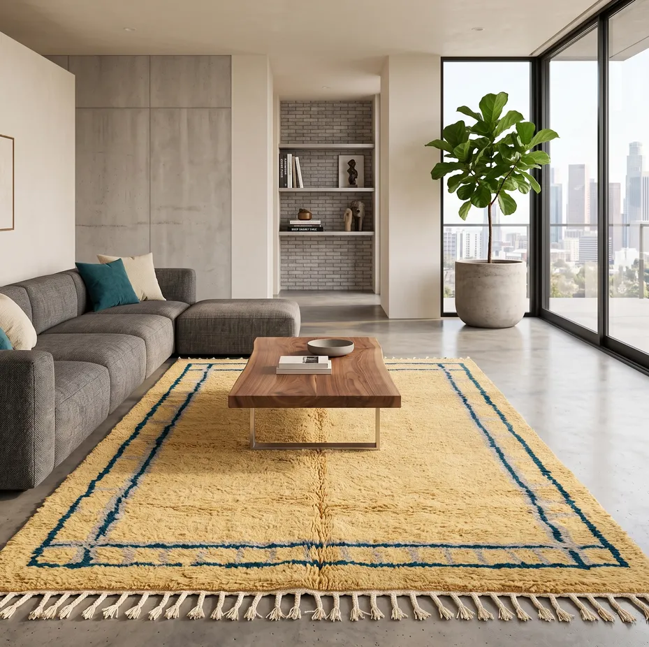 Tapis Mrirt Moulouya jaune et bleu, vue 4 sur 4