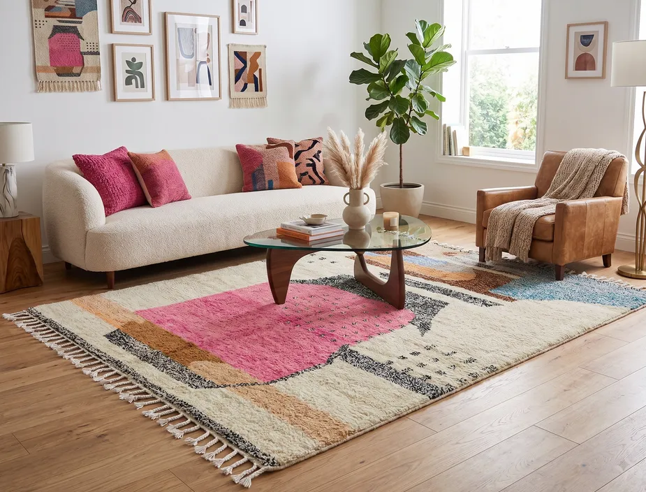 Tapis Mrirt Tirhza multicolore au dessin abstrait, vue 4 sur 4