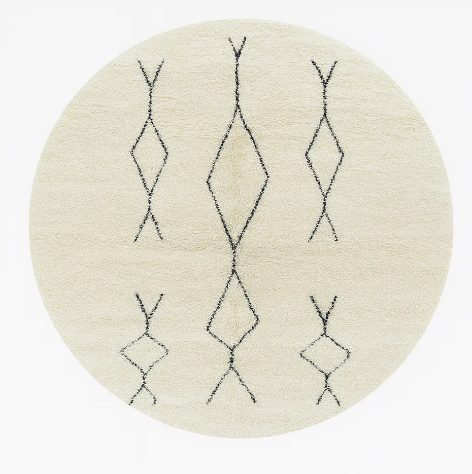 Tapis rond Beni Ouarain Igherm blanc — tapis beni ouarain tissé à la main