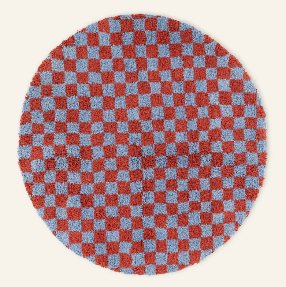 Tapis rond Beni Ouarain Sebou terracotta et bleu — tapis beni ouarain tissé à la main