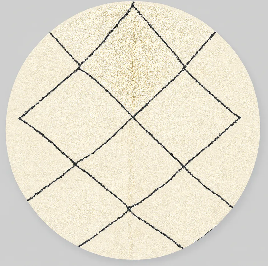 Tapis rond Beni Ouarain Tamda blanc et noir à losanges — tapis beni ouarain tissé à la main