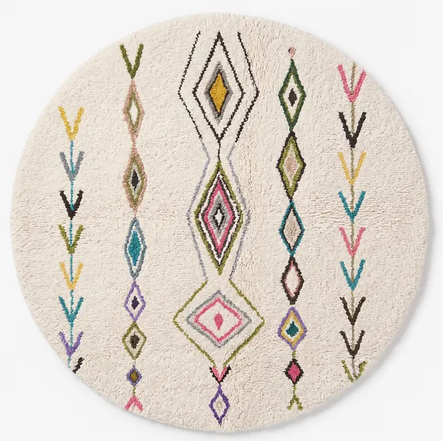 Tapis rond berbère Afennourir blanc et multicolore aux motifs berbères — tapis berbères contemporains