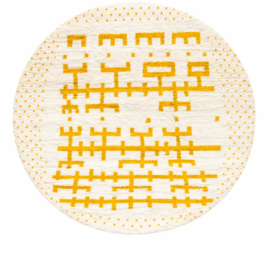 Tapis rond berbère Agdz blanc et moutarde — tapis berbères contemporains tissé à la main