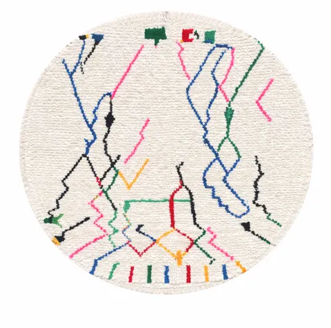 Tapis rond berbère Aglou multicolore au dessin abstrait — tapis berbères contemporains