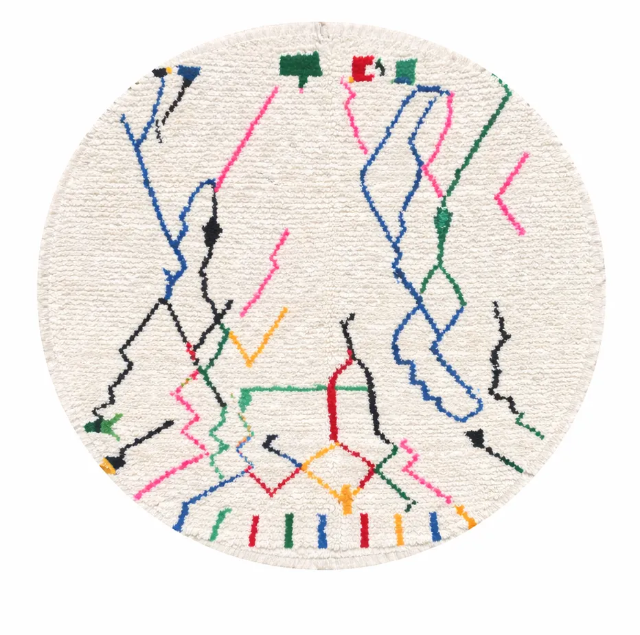 Tapis rond berbère Aglou multicolore au dessin abstrait — tapis berbères contemporains tissé à la main