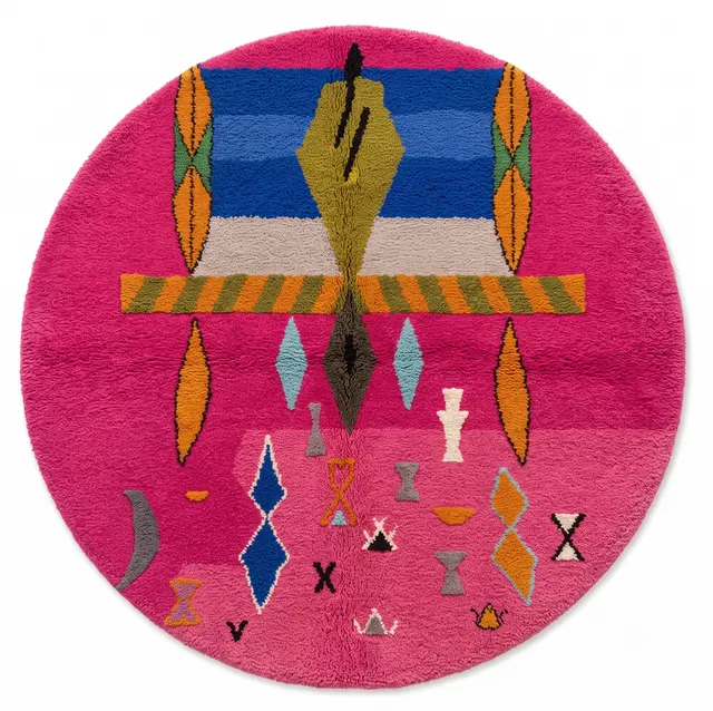 Tapis rond berbère Aït-Bouguemez rose au dessin abstrait — tapis berbères contemporains