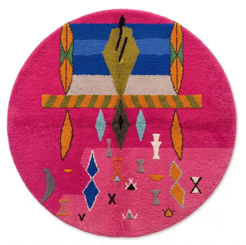 Tapis rond berbère Aït-Bouguemez rose au dessin abstrait — tapis berbères contemporains tissé à la main