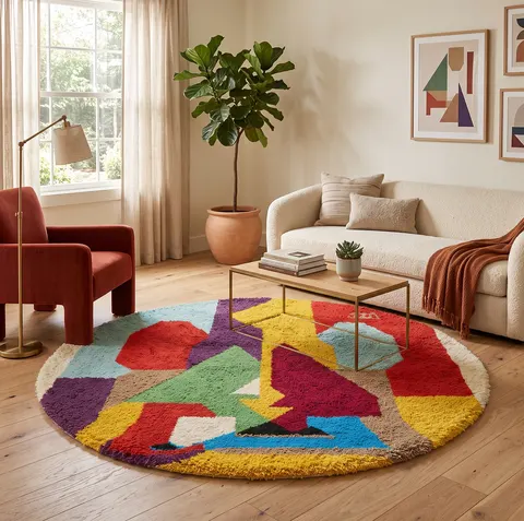 Tapis rond berbère Akka multicolore au dessin abstrait — tapis berbères contemporains