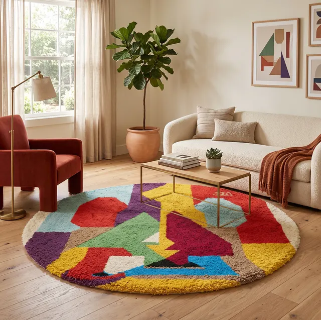 Tapis rond berbère Akka multicolore au dessin abstrait — tapis berbères contemporains