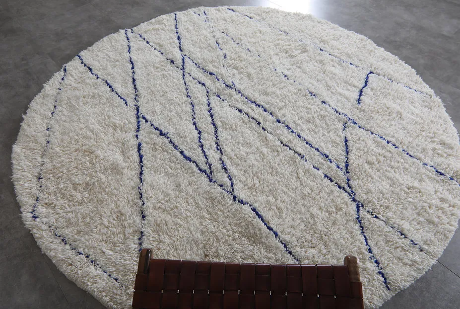 Tapis rond berbère Aksel crème et bleu uni, vue 5 sur 7