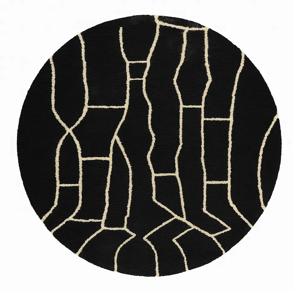 Tapis rond berbère Amizmiz noir à lignes — tapis berbères contemporains tissé à la main