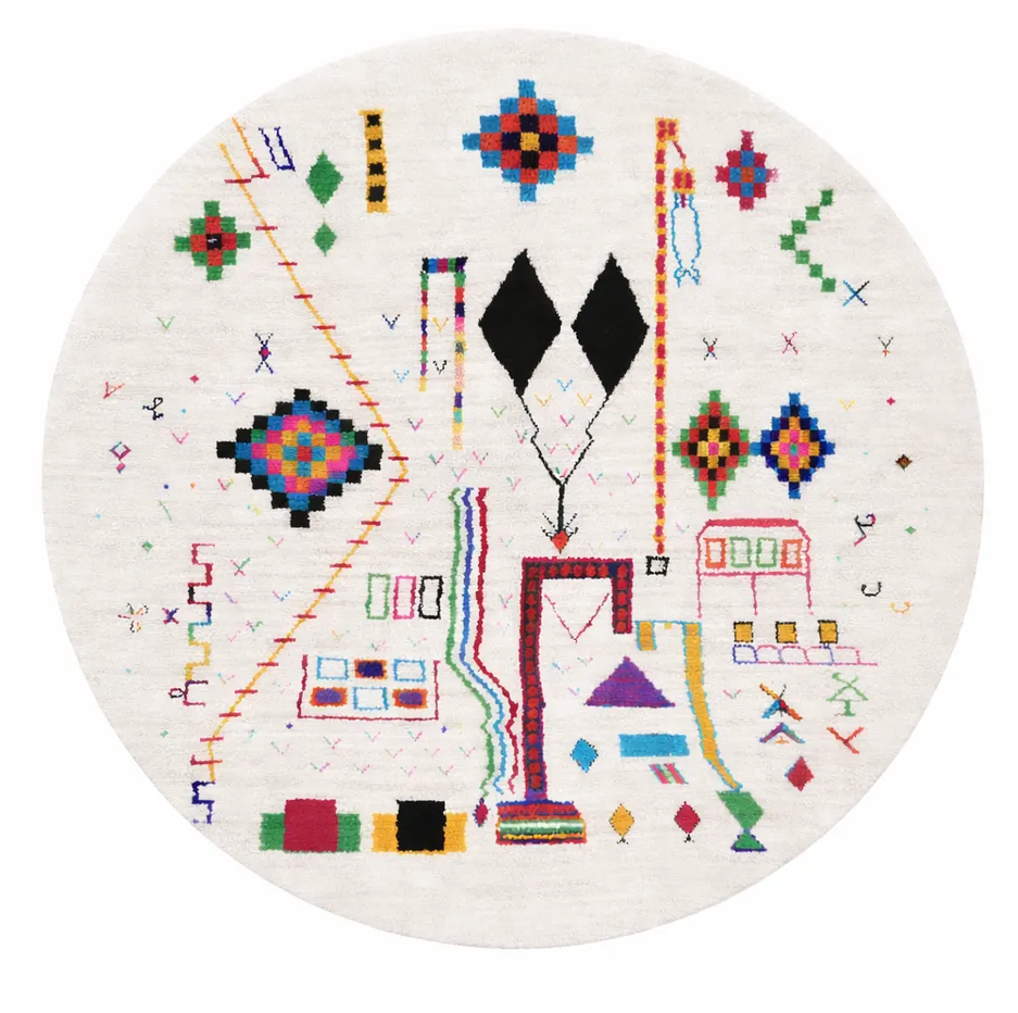 Tapis rond berbère Amnay aux motifs berbères — tapis berbères contemporains tissé à la main