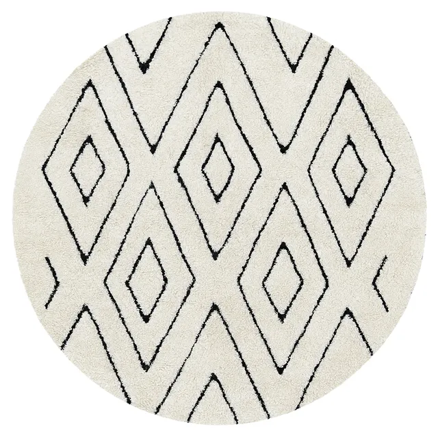 Tapis rond berbère Amoud blanc et noir à losanges — tapis berbères contemporains
