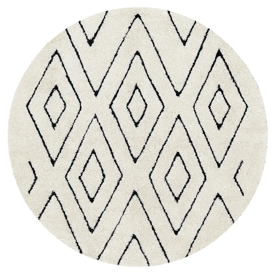 Tapis rond berbère Amoud blanc et noir à losanges — tapis berbères contemporains tissé à la main