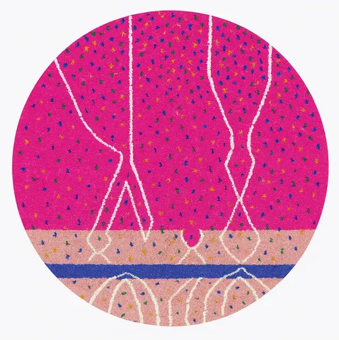 Tapis rond berbère Anergui rose et multicolore — tapis berbères contemporains