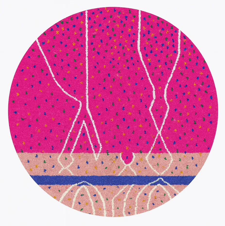 Tapis rond berbère Anergui rose et multicolore — tapis berbères contemporains tissé à la main