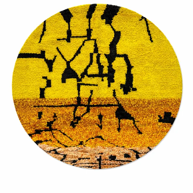 Tapis rond berbère Anezi jaune au dessin abstrait — tapis berbères contemporains