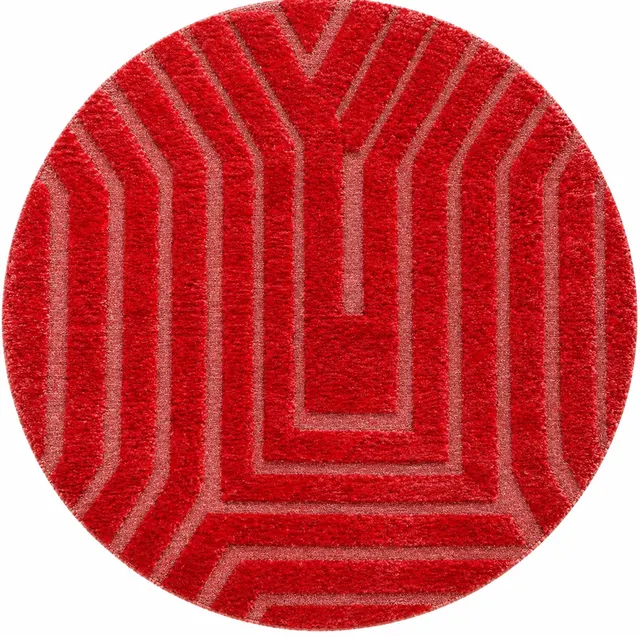 Tapis rond berbère Anir rouge aux motifs géométriques — tapis berbères contemporains