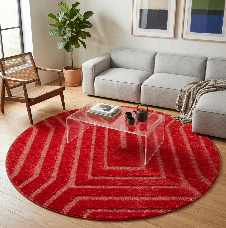 Tapis rond berbère Anir rouge aux motifs géométriques, vue 4 sur 4
