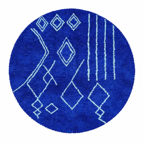 Tapis rond berbère Argana bleu aux motifs géométriques — tapis berbères contemporains
