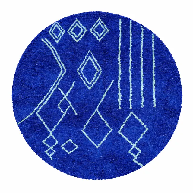 Tapis rond berbère Argana bleu aux motifs géométriques — tapis berbères contemporains