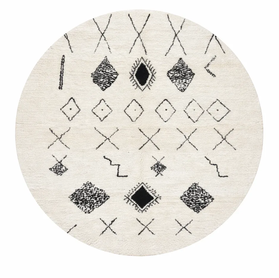 Tapis rond berbère Assif blanc et noir aux motifs berbères — tapis berbères contemporains tissé à la main