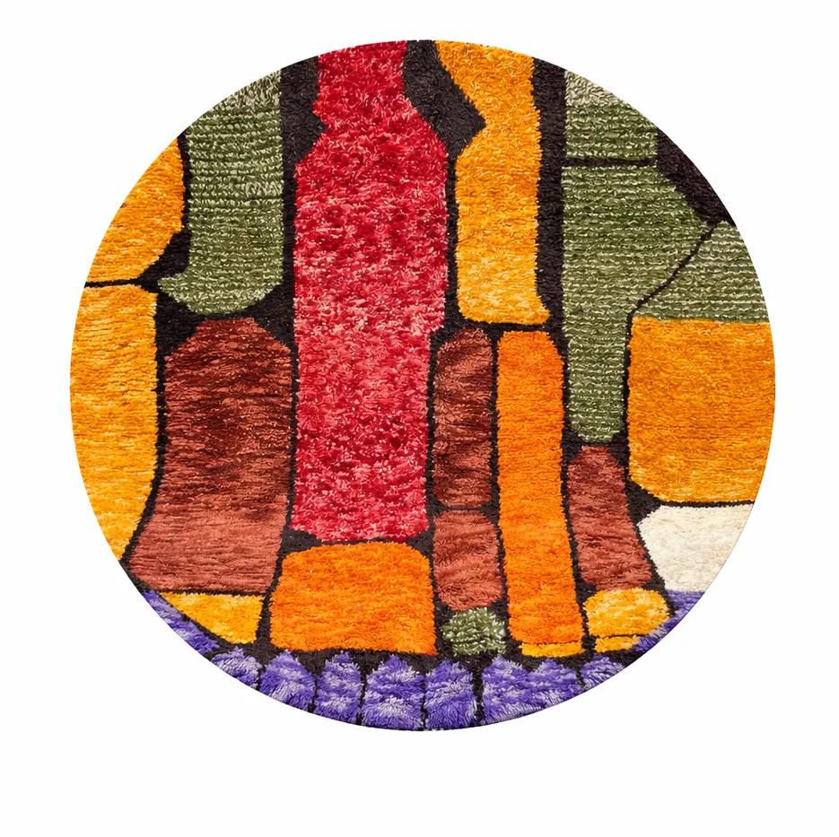 Tapis rond berbère Azemmour multicolore au dessin abstrait — tapis berbères contemporains tissé à la main
