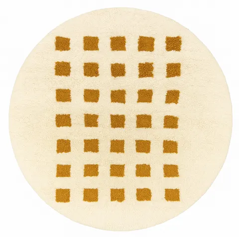 Tapis rond berbère Azigza moutarde à damier — tapis berbères contemporains