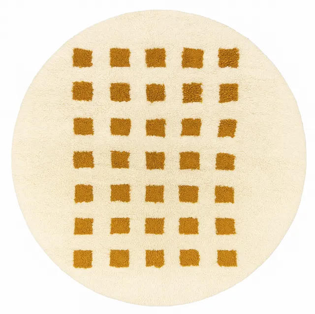 Tapis rond berbère Azigza moutarde à damier — tapis berbères contemporains