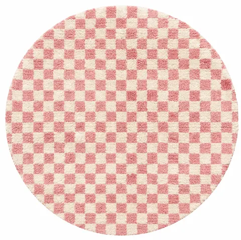 Tapis rond berbère Badis rose à damier — tapis berbères contemporains