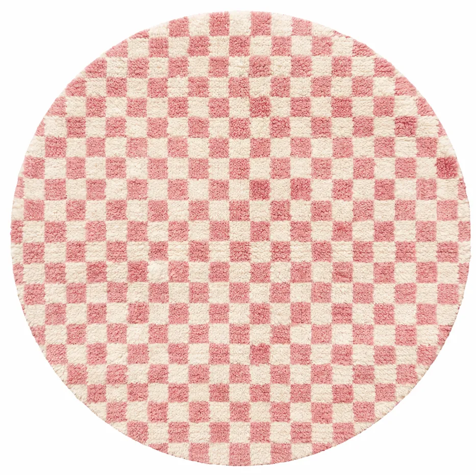 Tapis rond berbère Badis rose à damier — tapis berbères contemporains tissé à la main