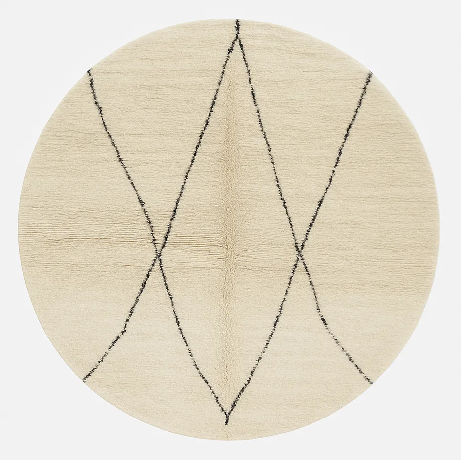 Tapis rond berbère Bani blanc et noir à losanges — tapis berbères contemporains tissé à la main