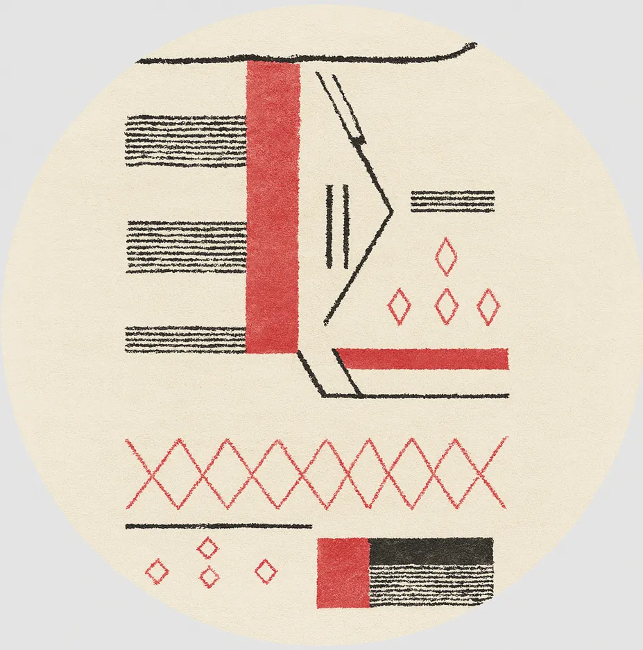 Tapis rond berbère Bouiblane rouge et noir aux motifs géométriques — tapis berbères contemporains tissé à la main